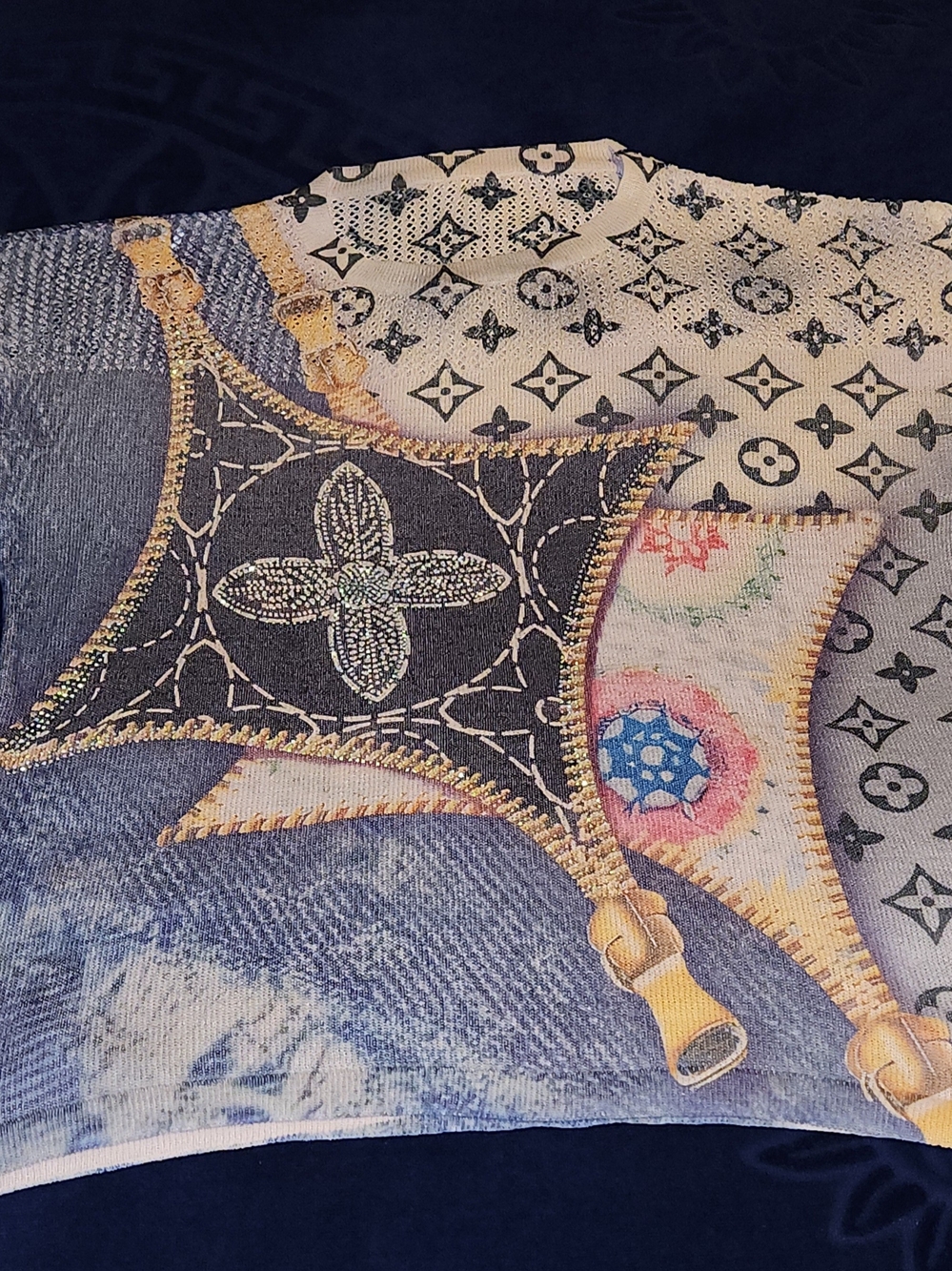 Fashion Luxury Monogram Crystal Beaded Print Top - Multi Color XL Appox - Picture 7 of 7